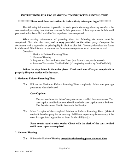Instructions for Motion to Enforce Parenting Time - Kansas Download Pdf