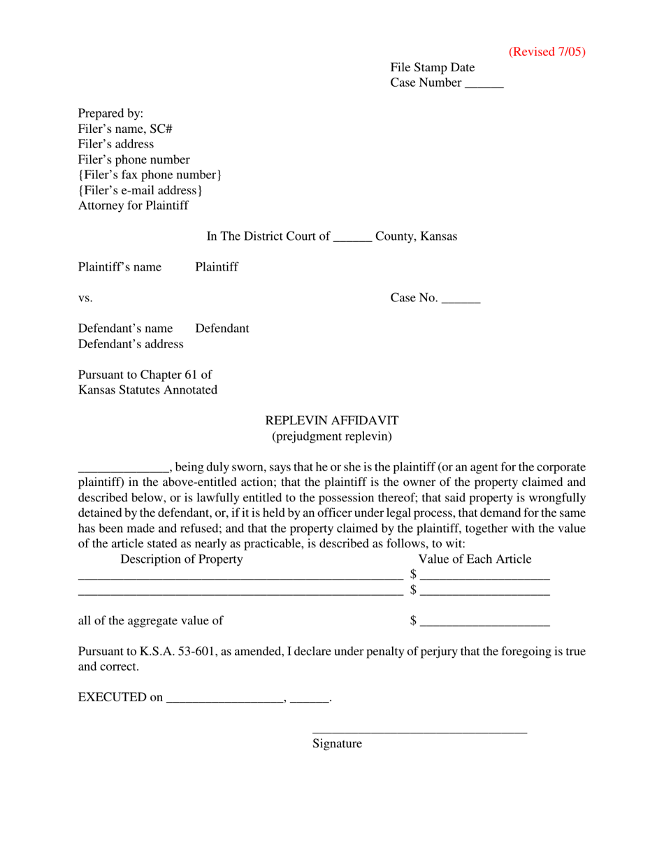 Replevin Affidavit (Prejudgment Replevin) - Kansas, Page 1