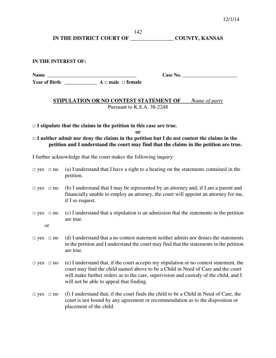 Form 142 Stipulation or No Contest Statement of Party - Kansas, Page 1