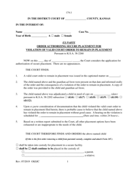 Form 174.1 Ex Parte Order Authorizing Secure Placement for Violation of Valid Court Order to Remain in Placement - Kansas