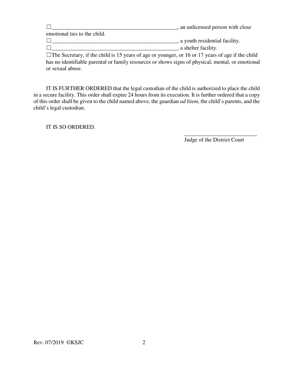 Form 174.1 Ex Parte Order Authorizing Secure Placement for Violation of Valid Court Order to Remain in Placement - Kansas, Page 2