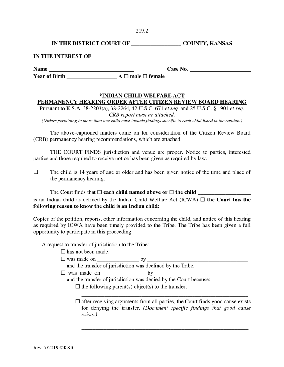 Form 219.2 Indian Child Welfare Act Permanency Hearing Order After Citizen Review Board Hearing - Kansas, Page 1