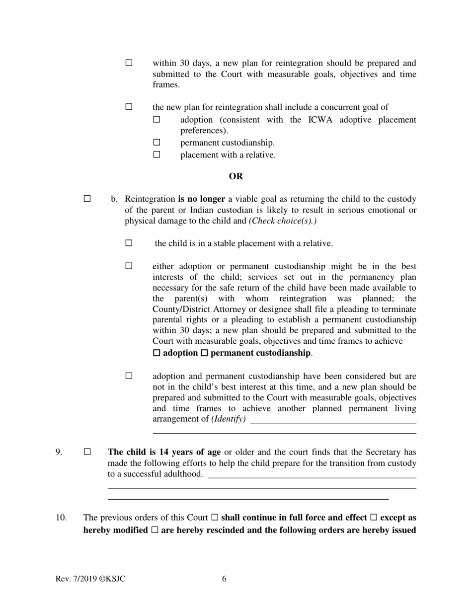 Form 219.2 Indian Child Welfare Act Permanency Hearing Order After Citizen Review Board Hearing - Kansas, Page 6