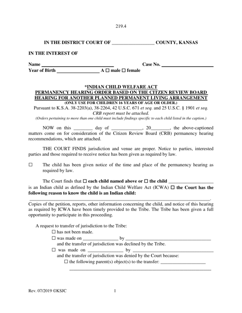 Form 219.4 Ndian Child Welfare Act Permanency Hearing Order Based on the Citzen Review Board Hearing for Another Planned Permanent Living Arrangement - Kansas