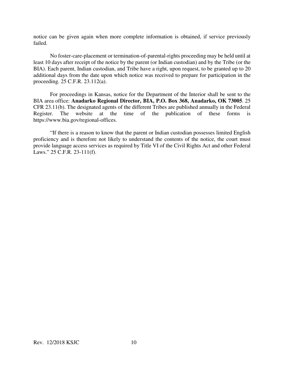 Form 210 Indian Child Welfare Act Notice of the Proceeding to Parents, Indian Custodians, and Tribe - Kansas, Page 10