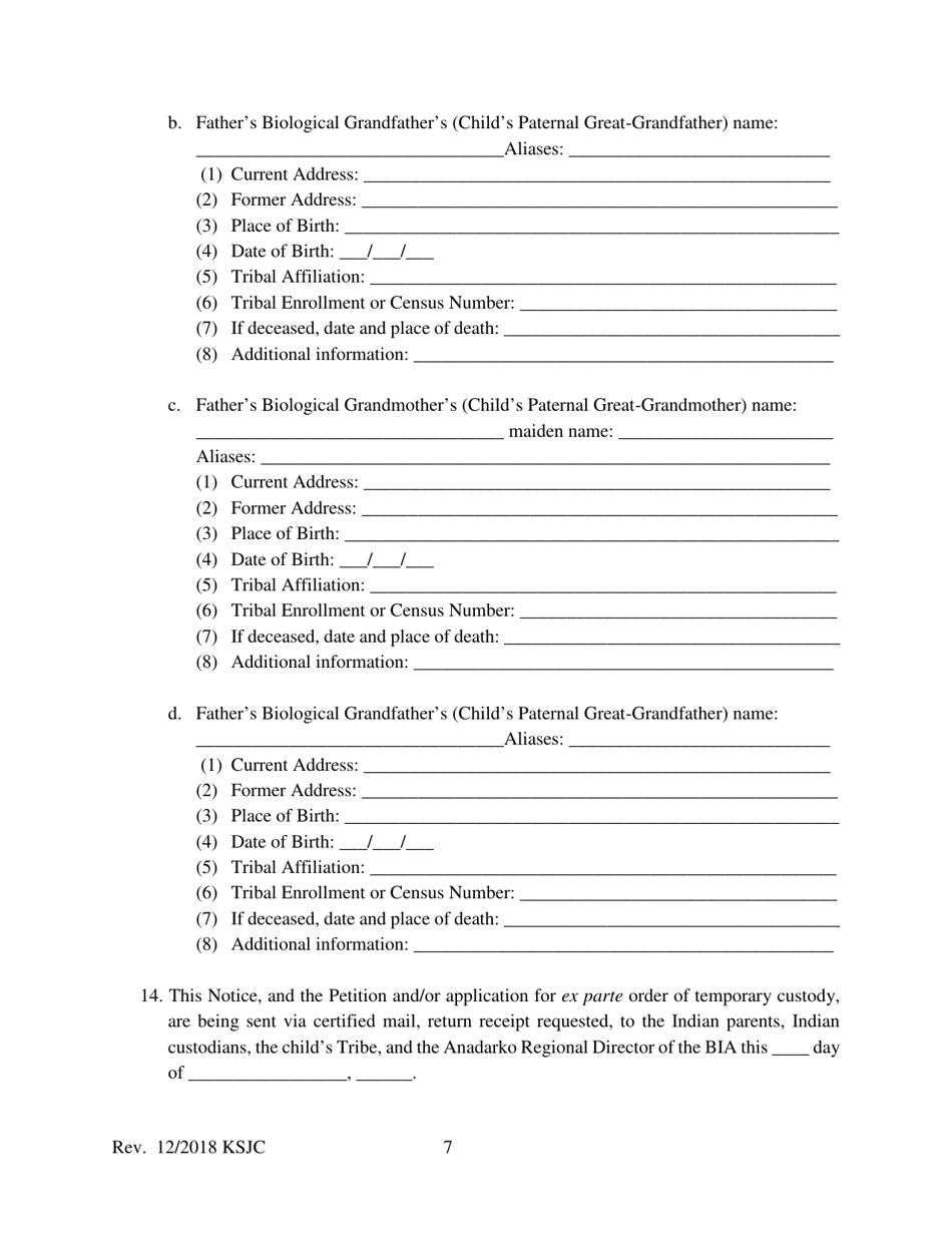 Form 210 Indian Child Welfare Act Notice of the Proceeding to Parents, Indian Custodians, and Tribe - Kansas, Page 7