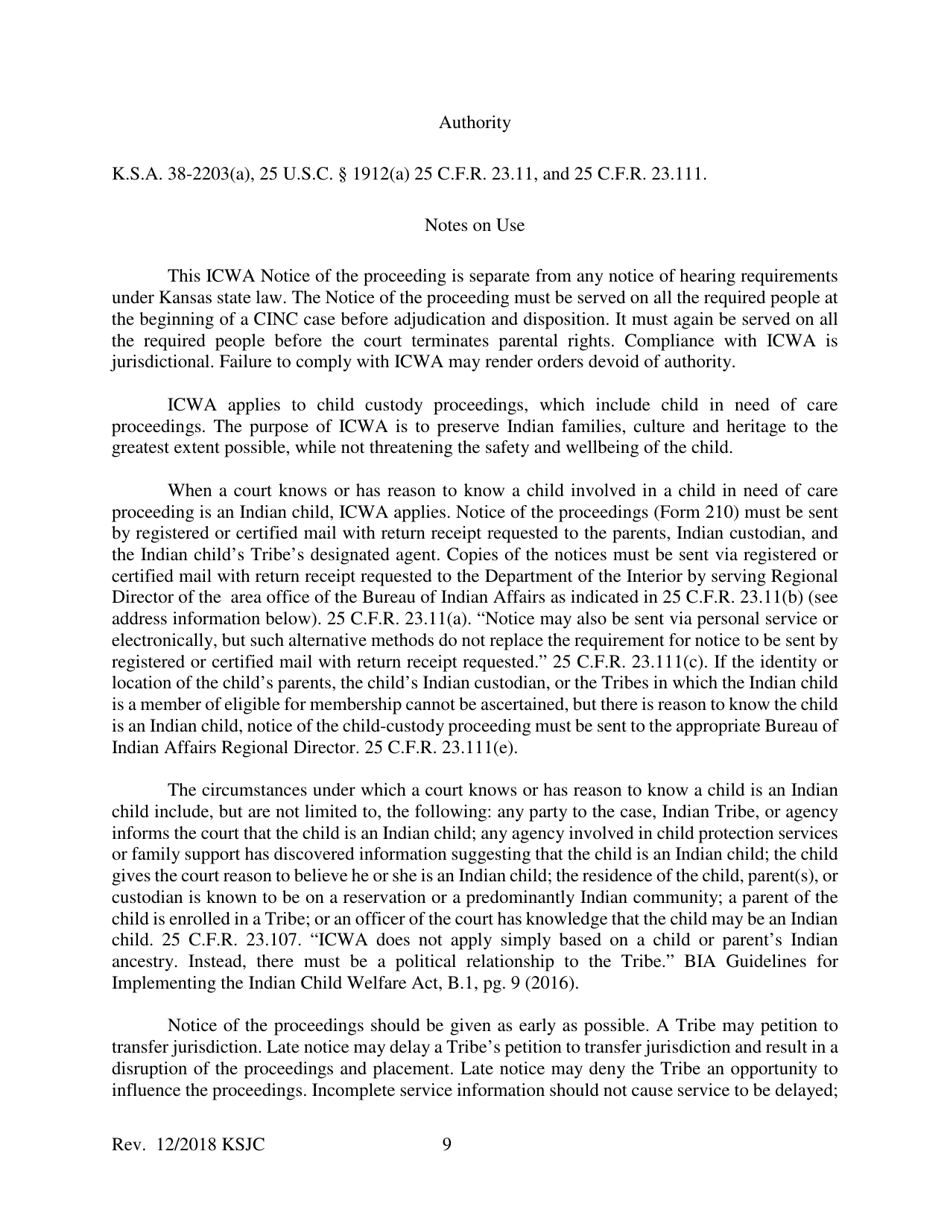 Form 210 Indian Child Welfare Act Notice of the Proceeding to Parents, Indian Custodians, and Tribe - Kansas, Page 9