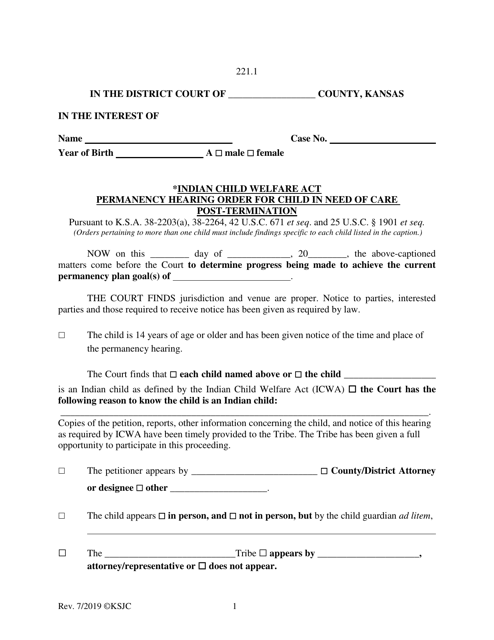 Form 221.1 Indian Child Welfare Act Permanency Hearing Order for Child in Need of Care Post-termination - Kansas