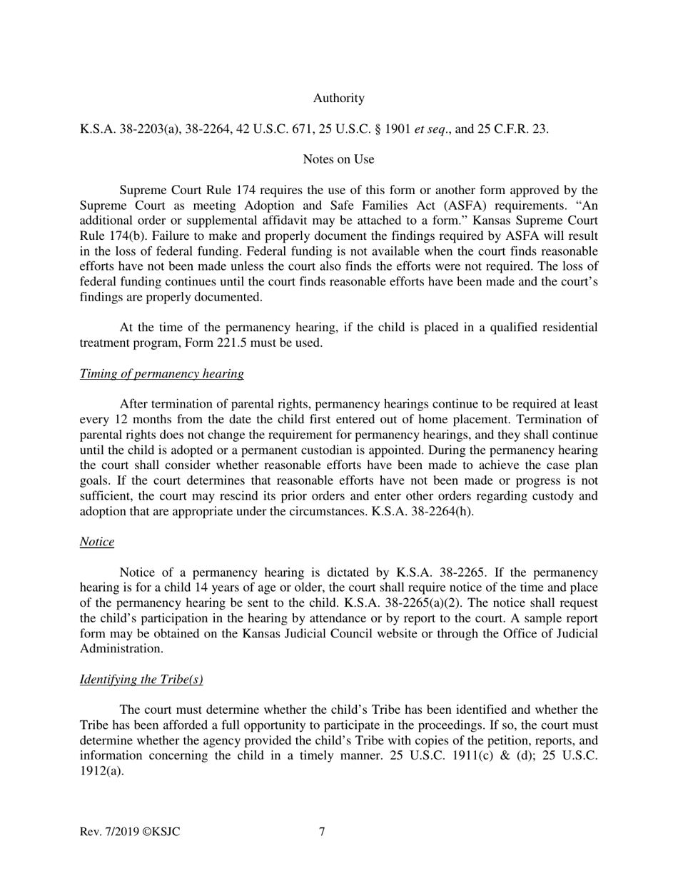 Form 221.1 Indian Child Welfare Act Permanency Hearing Order for Child in Need of Care Post-termination - Kansas, Page 7