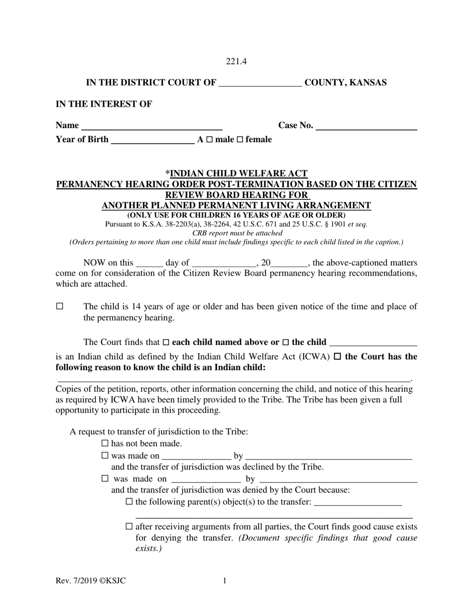 Form 221.4 Indian Child Welfare Act Permanency Hearing Order Post-termination Based on the Citizen Review Board Hearing for Another Planned Permanent Living Arrangement - Kansas, Page 1