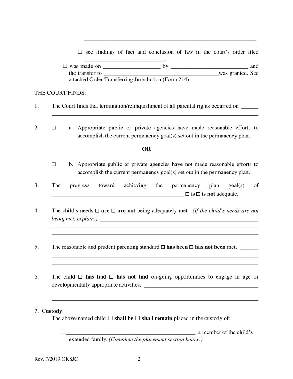 Form 221.4 Indian Child Welfare Act Permanency Hearing Order Post-termination Based on the Citizen Review Board Hearing for Another Planned Permanent Living Arrangement - Kansas, Page 2