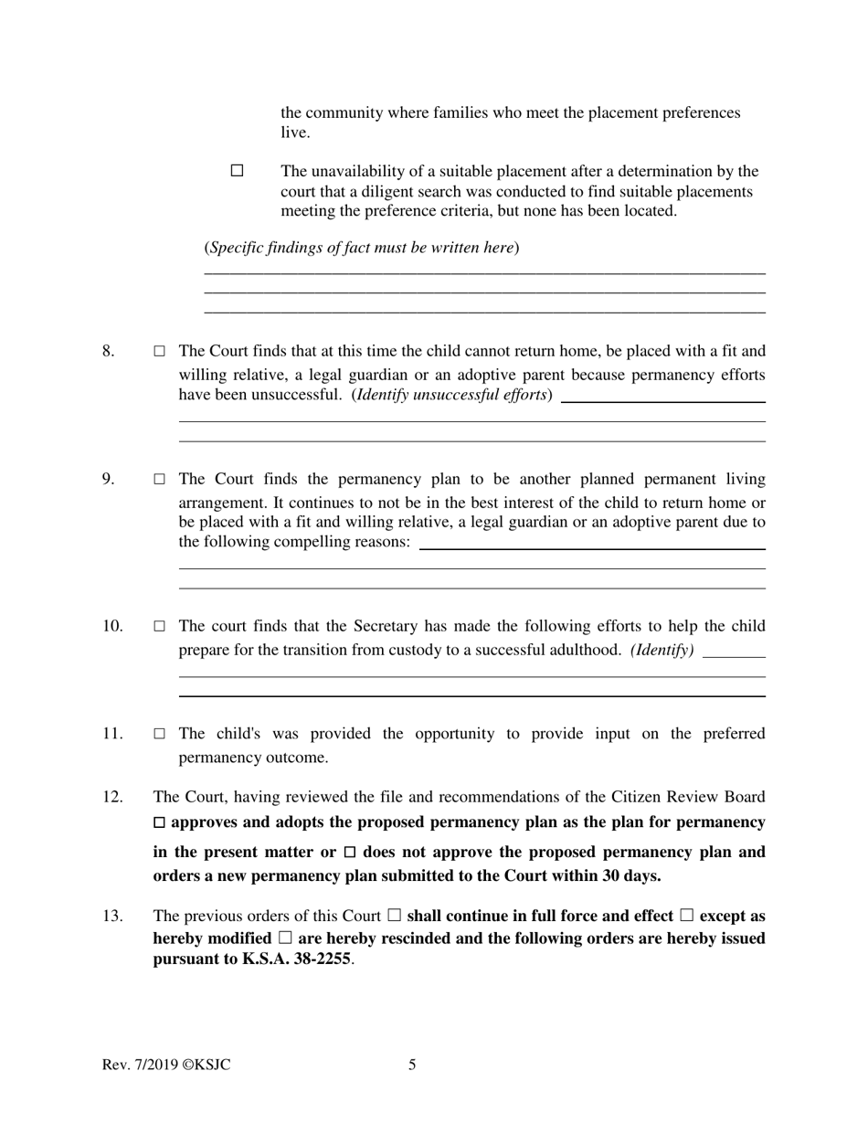Form 221.4 Indian Child Welfare Act Permanency Hearing Order Post-termination Based on the Citizen Review Board Hearing for Another Planned Permanent Living Arrangement - Kansas, Page 5
