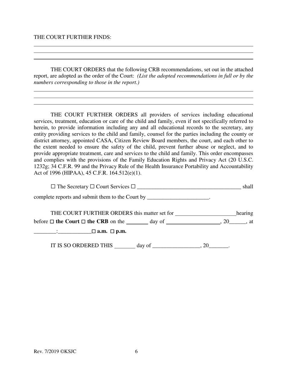 Form 221.4 Indian Child Welfare Act Permanency Hearing Order Post-termination Based on the Citizen Review Board Hearing for Another Planned Permanent Living Arrangement - Kansas, Page 6