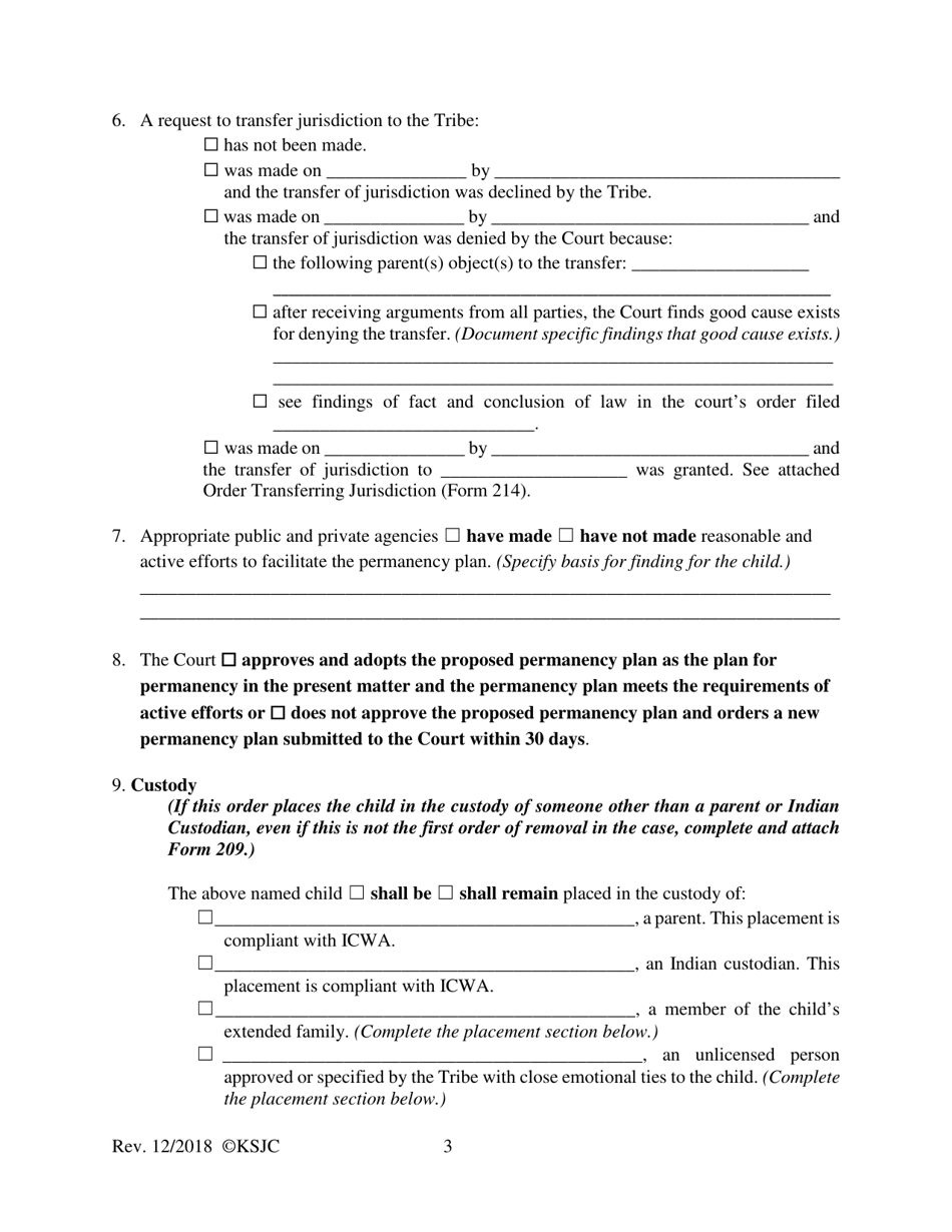 Form 218 Indian Child Welfare Act Combined Journal Entry and Order of Rehearing of Disposition - Kansas, Page 3
