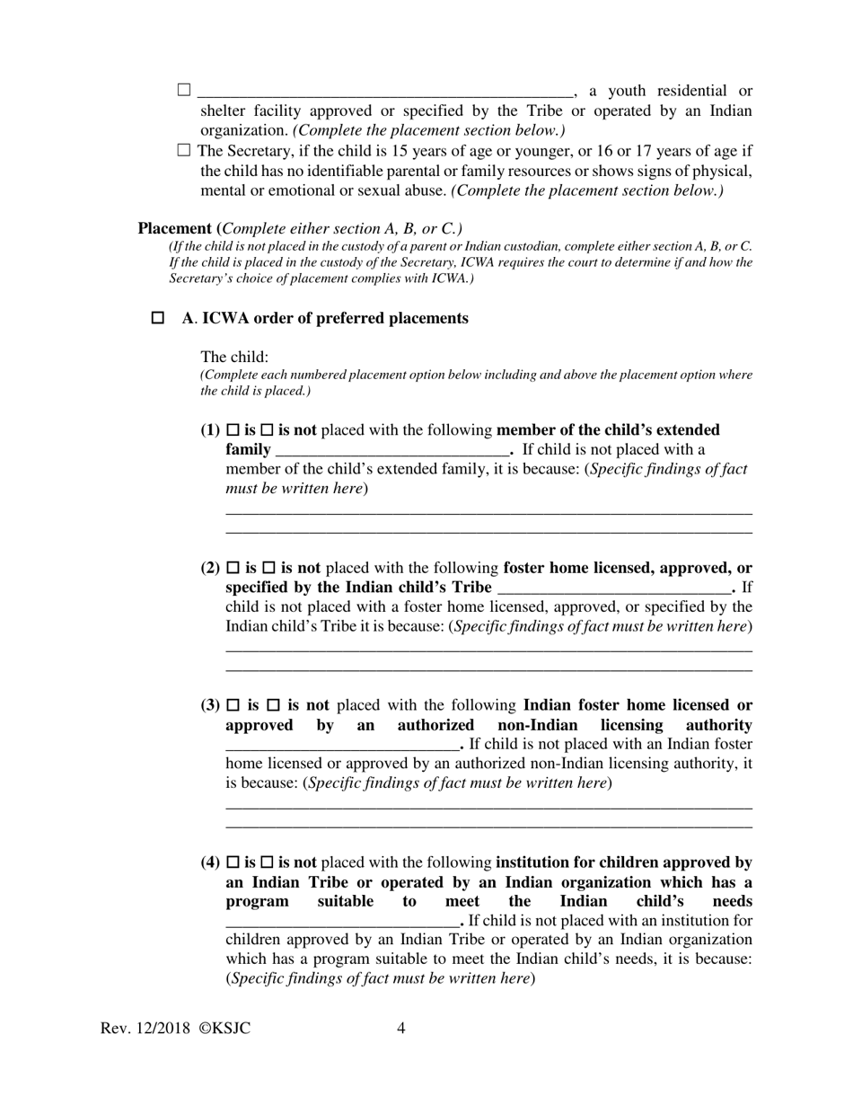 Form 218 Indian Child Welfare Act Combined Journal Entry and Order of Rehearing of Disposition - Kansas, Page 4