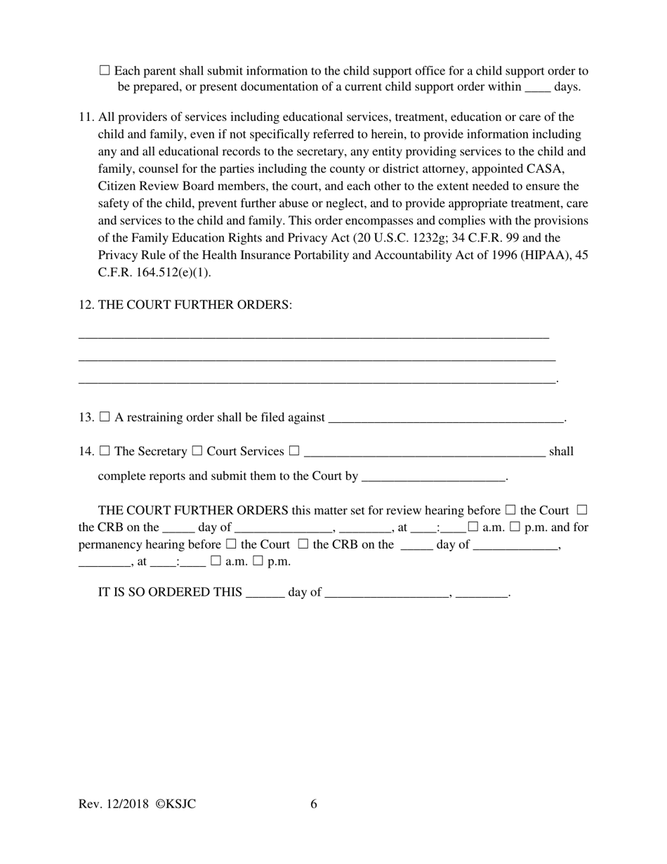 Form 218 Indian Child Welfare Act Combined Journal Entry and Order of Rehearing of Disposition - Kansas, Page 6