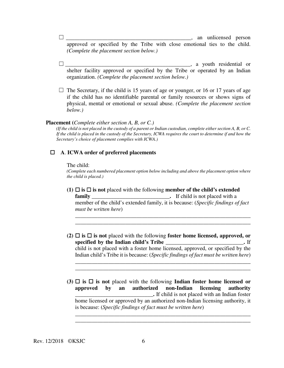 Form 216.1 Indian Child Welfare Act Journal Entry and Orders of Adjudication and Disposition - Kansas, Page 6
