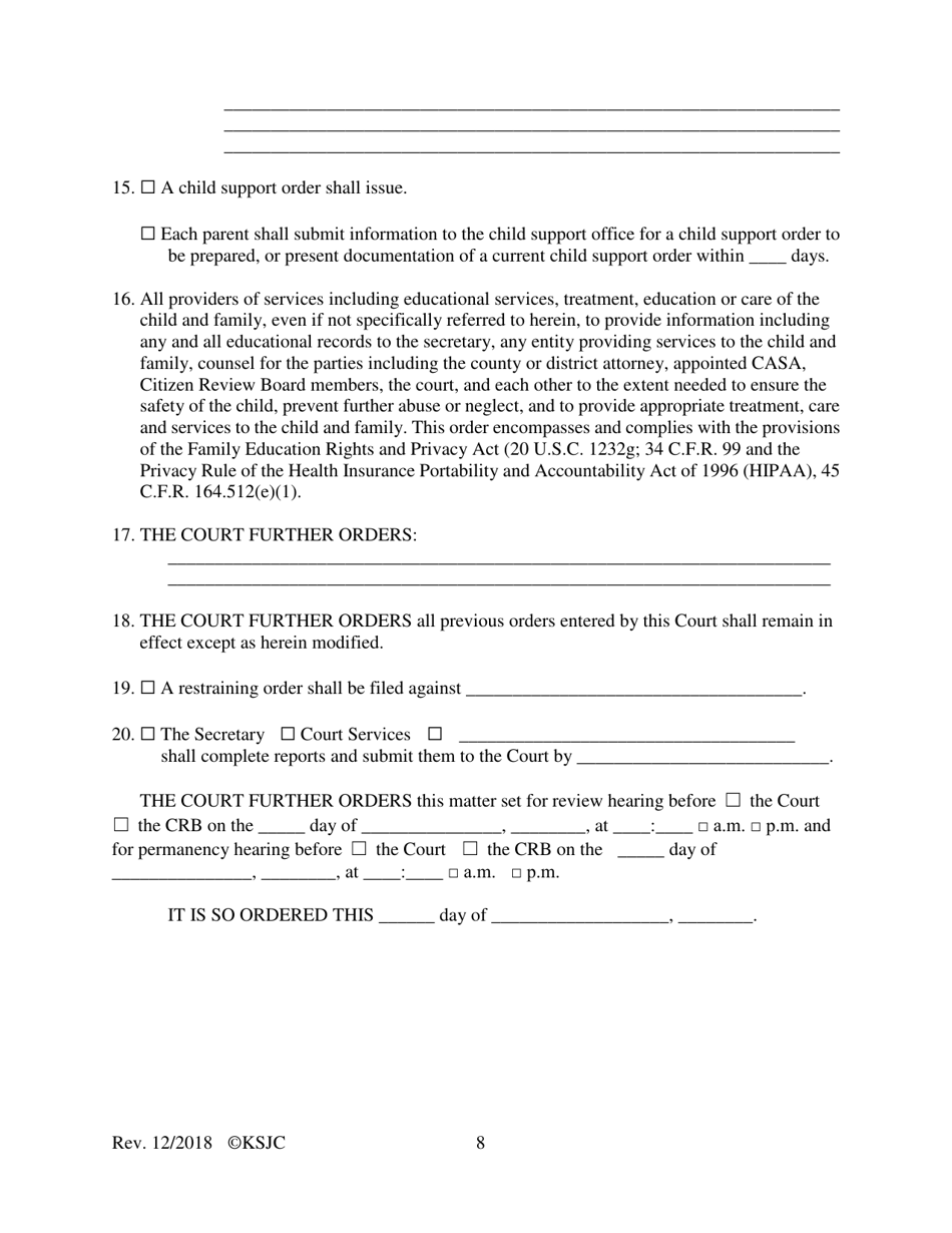 Form 216.1 Indian Child Welfare Act Journal Entry and Orders of Adjudication and Disposition - Kansas, Page 8