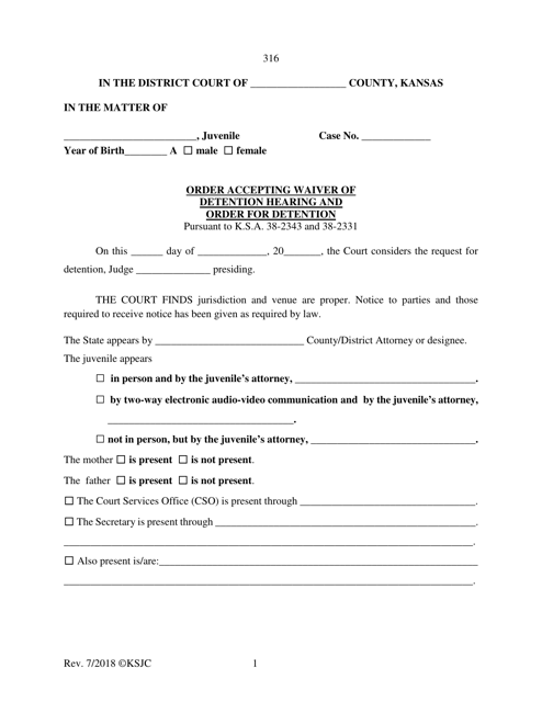 Form 316 Order Accepting Waiver of Detention Hearing and Order for Detention - Kansas