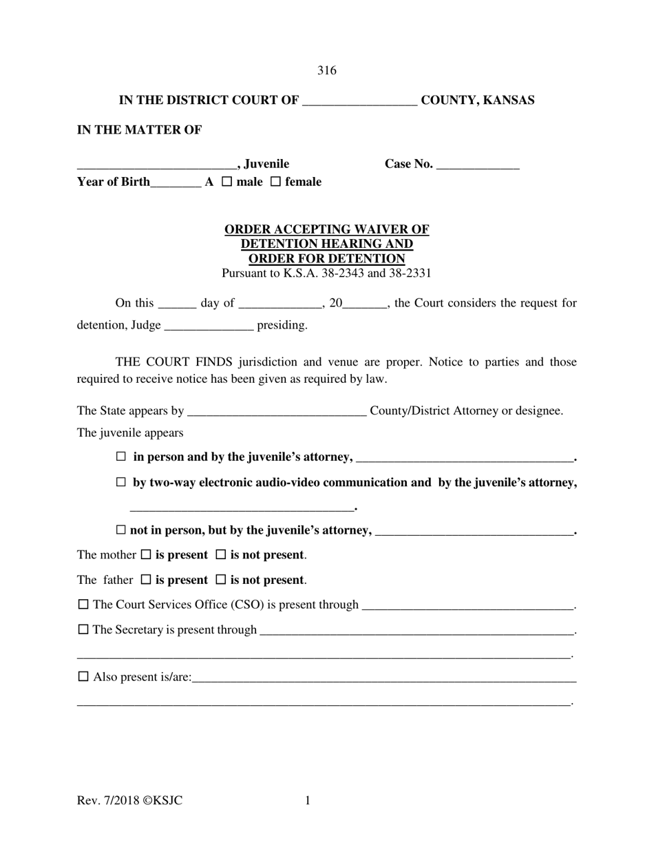 Form 316 Order Accepting Waiver of Detention Hearing and Order for Detention - Kansas, Page 1