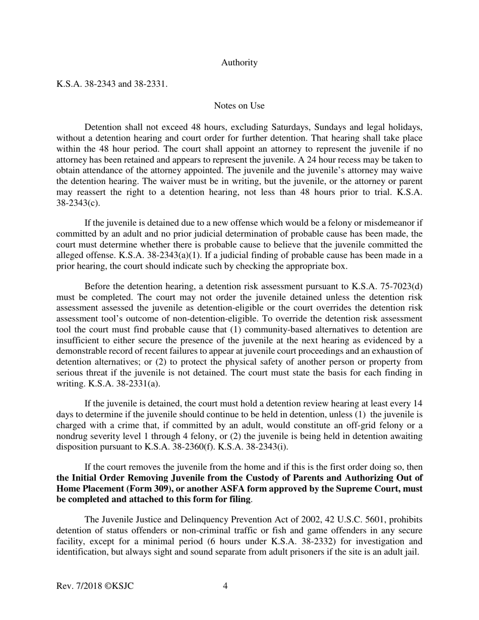 Form 316 Order Accepting Waiver of Detention Hearing and Order for Detention - Kansas, Page 4