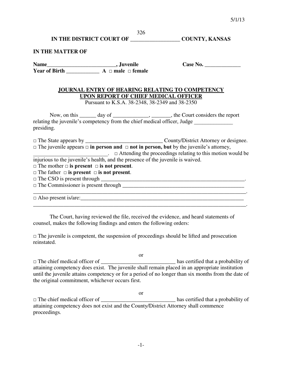 Form 326 Journal Entry of Hearing Relating to Competency Upon Report of Chief Medical Officer - Kansas, Page 1