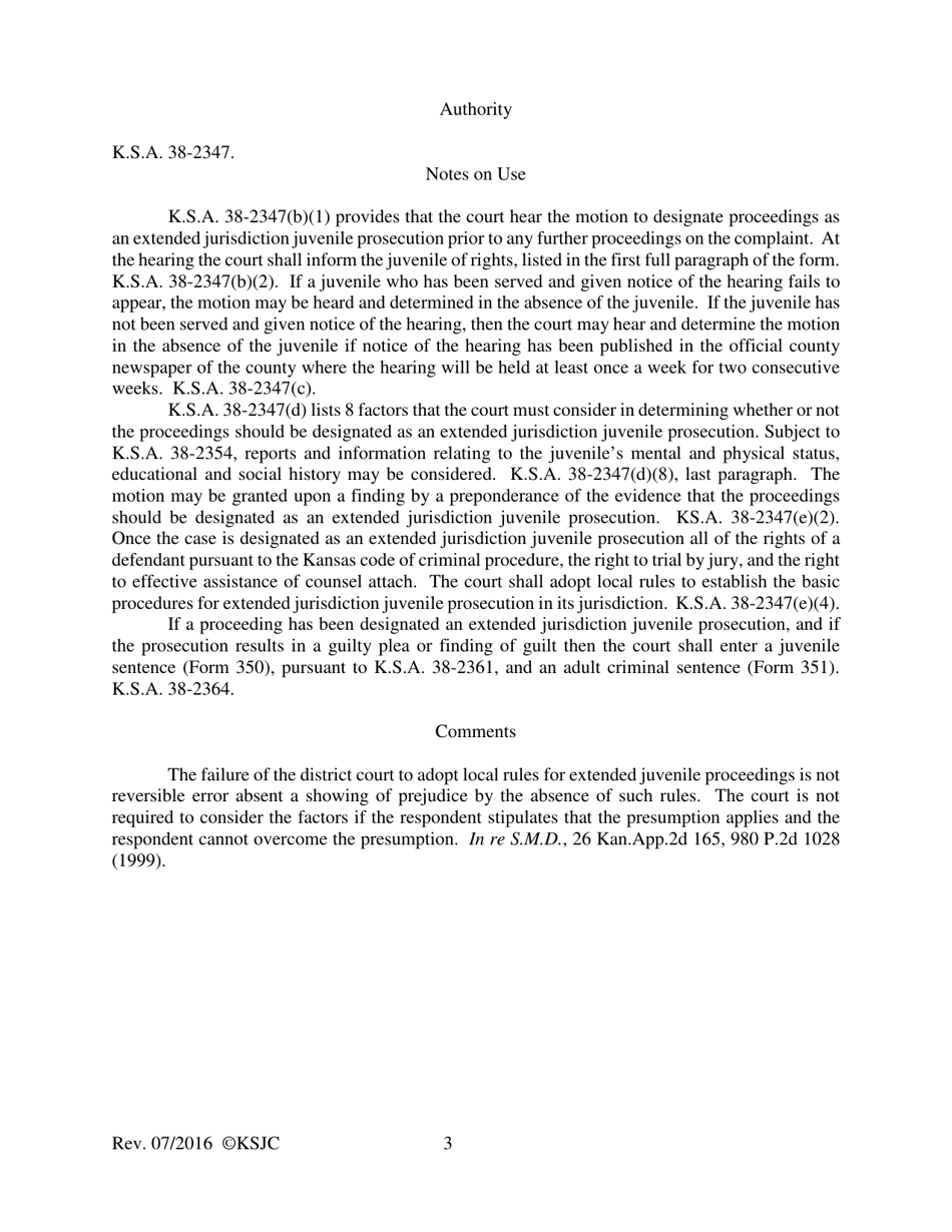 Form 331 Journal Entry of Hearing on Motion to Designate Proceedings as Extended Jurisdiction Juvenile Prosecution - Kansas, Page 3