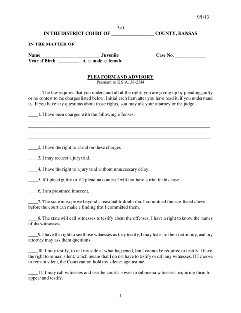 Form 340 Plea Form and Advisory - Kansas