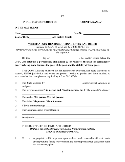 Form 362 Permanency Hearing Journal Entry and Order - Kansas