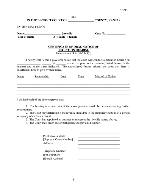 Form 313 Certificate of Oral Notice of Detention Hearing - Kansas