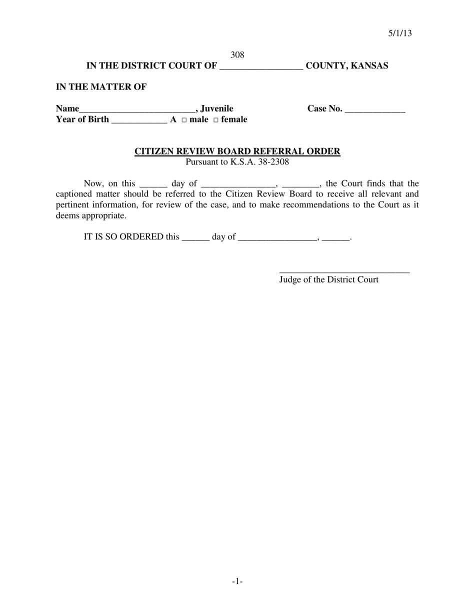 Form 308 Citizen Review Board Referral Order - Kansas, Page 1
