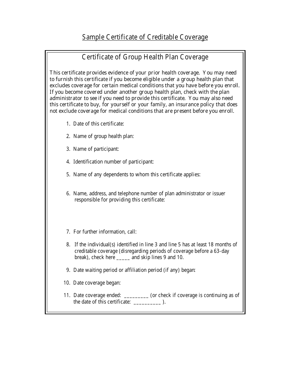 Sample Certificate of Creditable Coverage - Delaware, Page 1