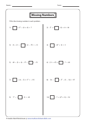 Document preview: Missing Numbers Order of Operations Worksheet With Answer Key