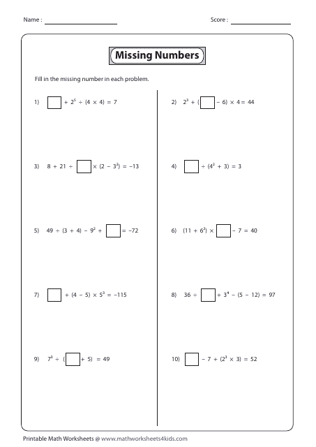 Missing Numbers Order of Operations Worksheet With Answer Key