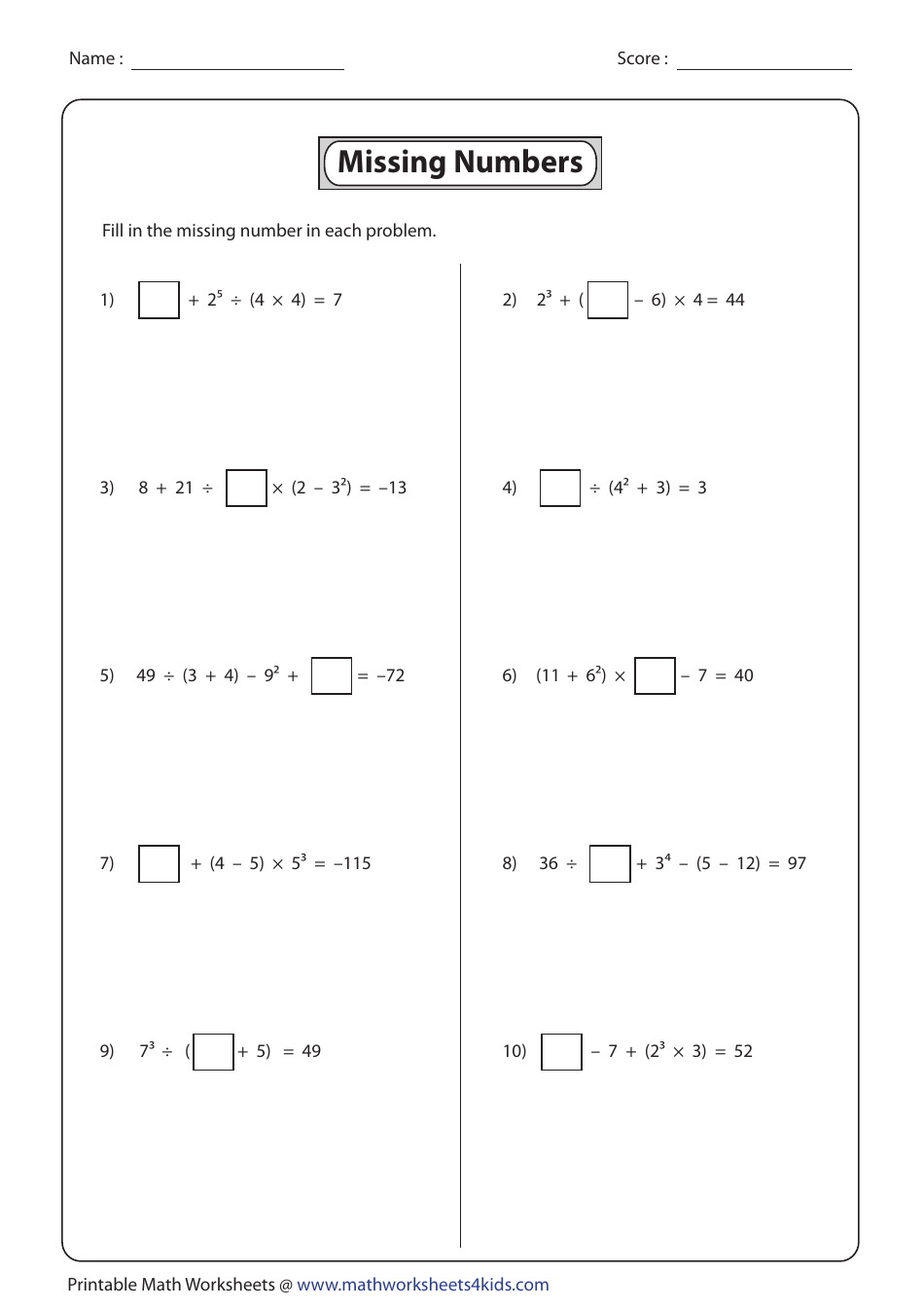 Missing Numbers Order of Operations Worksheet - Preview Image