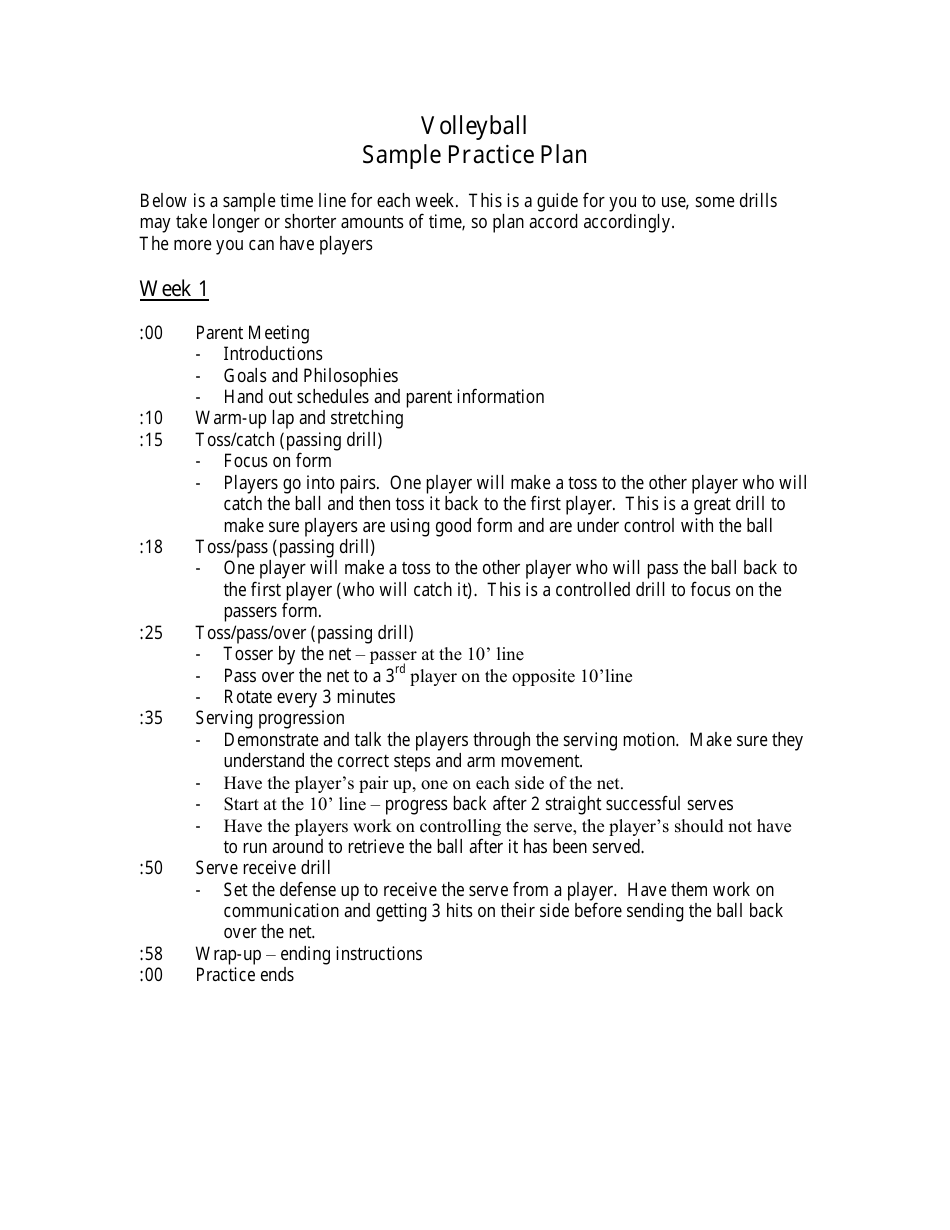 Sample Volleyball Practice Plan Download Printable PDF Templateroller
