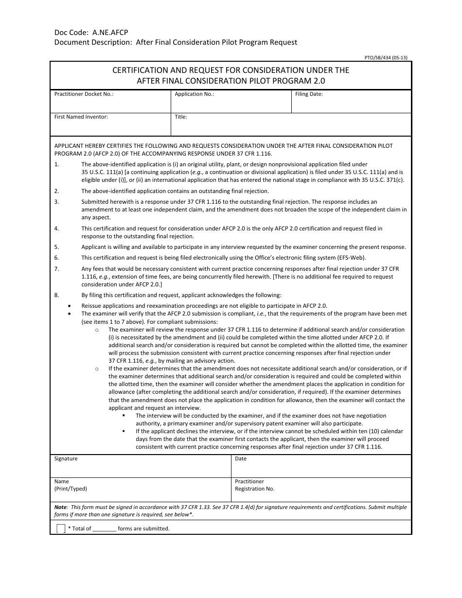 Form PTO / SB / 434 Certification and Request for Consideration Under the After Final Consideration Pilot Program 2.0, Page 1