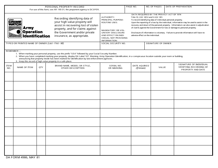 DA Form 4986 - Fill Out, Sign Online and Download Printable PDF | Templateroller