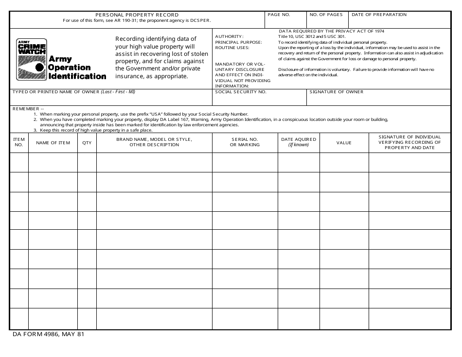 DA Form 4986 Personal Property Record, Page 1
