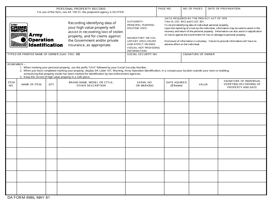 DA Form 4986 - Fill Out, Sign Online and Download Printable PDF | Templateroller