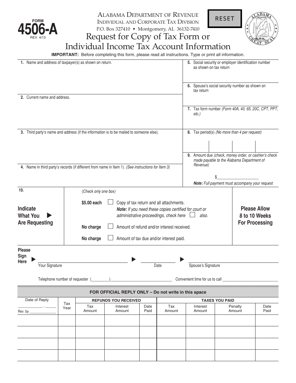 Form 4506-a Request for Copy of Tax Form or Individual Income Tax Account Information - Alabama, Page 1