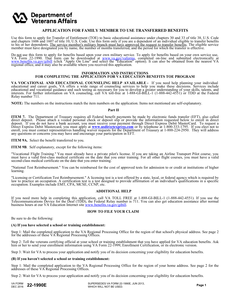 VA Form 22-1990E Application for Family Member to Use Transferred Benefits, Page 1