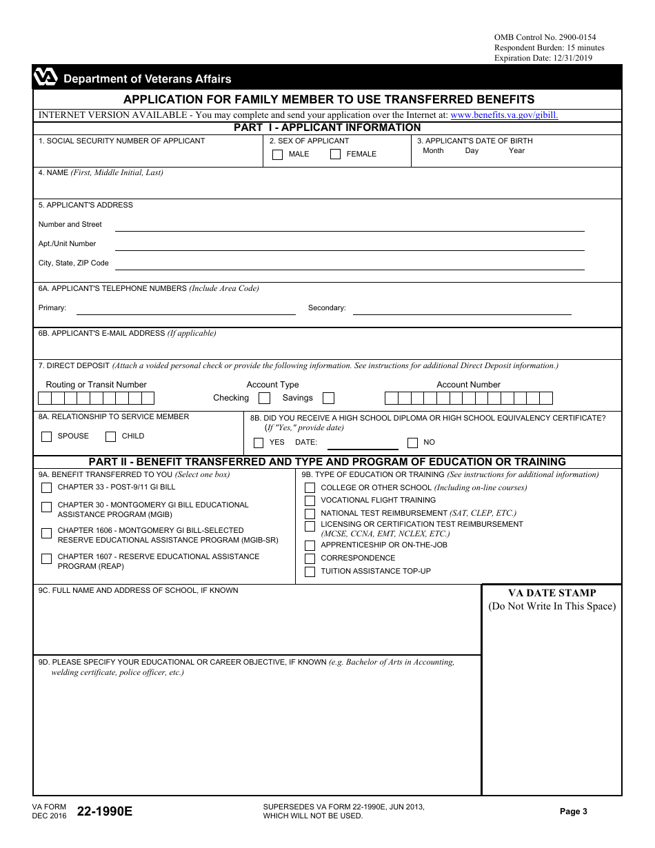 VA Form 22-1990E Application for Family Member to Use Transferred Benefits, Page 3