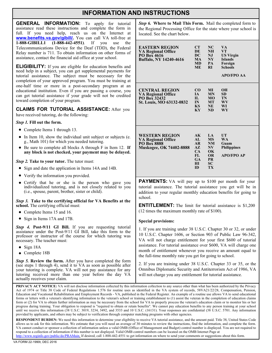 VA Form 22-1990t Application for Individualized Tutorial Assistance, Page 2