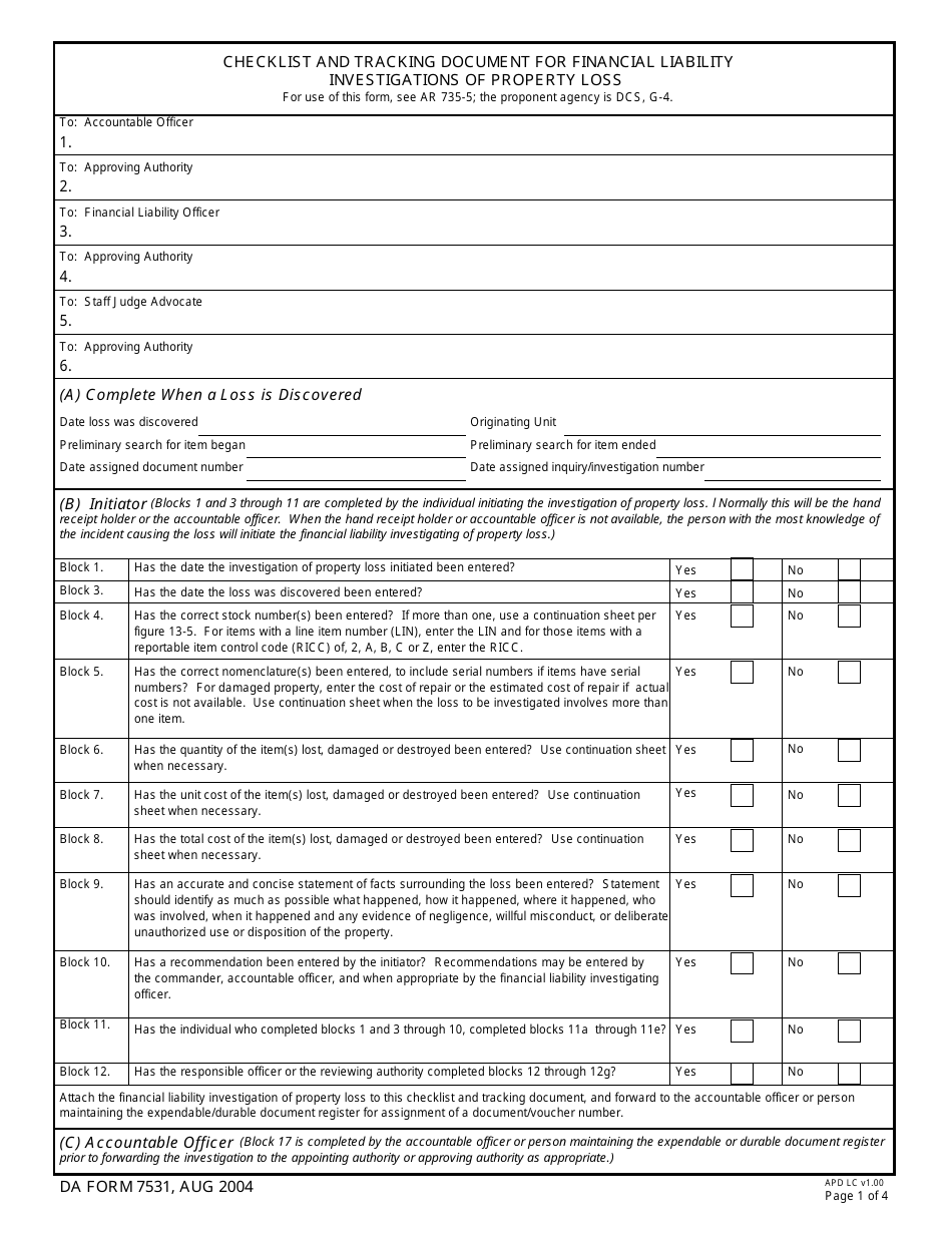 DA Form 7531 Checklist and Tracking Document for Financial Liability Investigations of Property Loss, Page 1