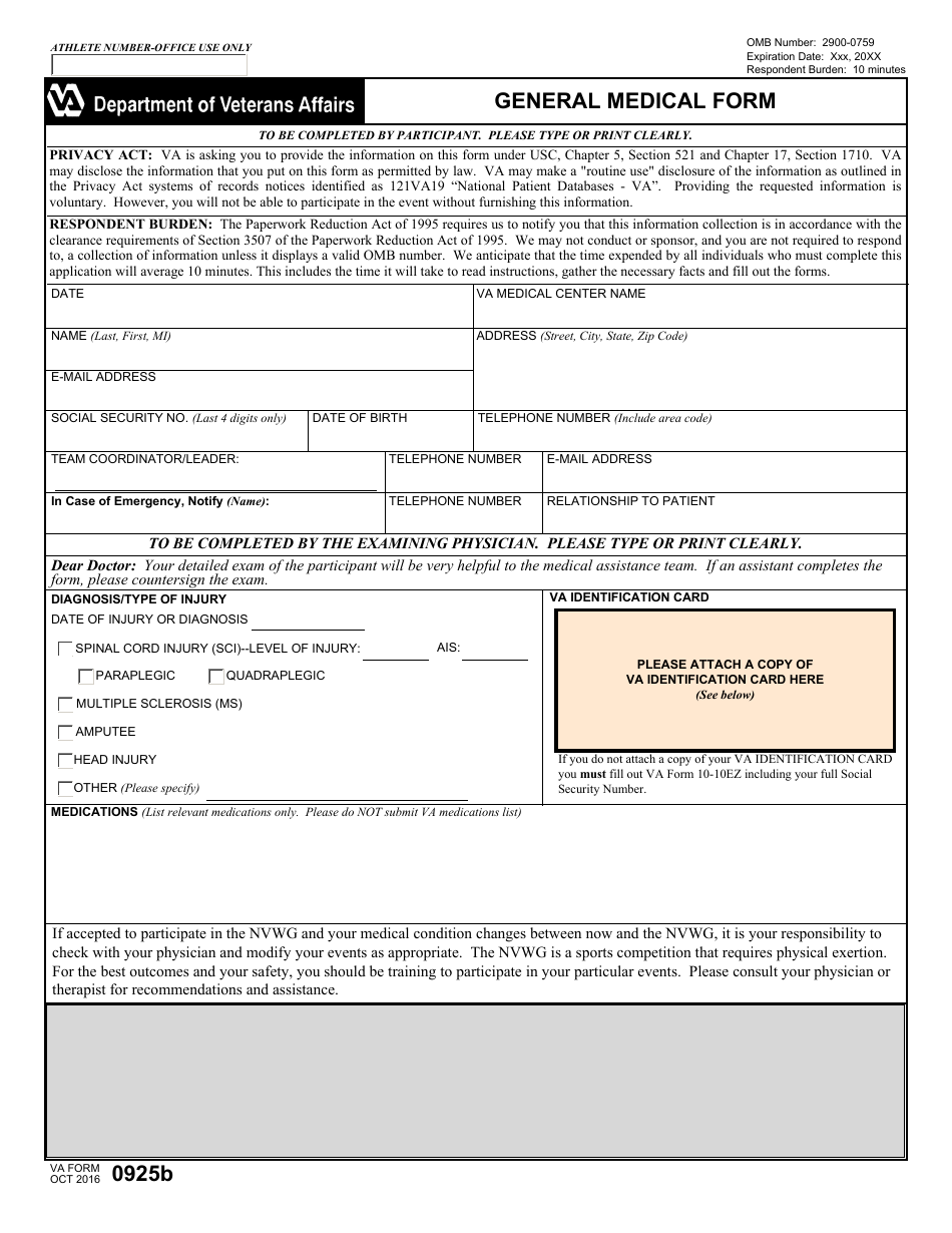 VA Form 0925b General Medical Form, Page 1