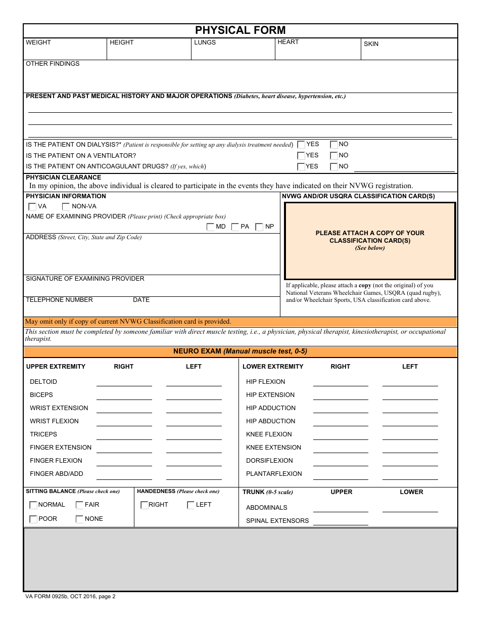 VA Form 0925b General Medical Form, Page 2
