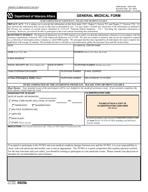 VA Form 0925b General Medical Form