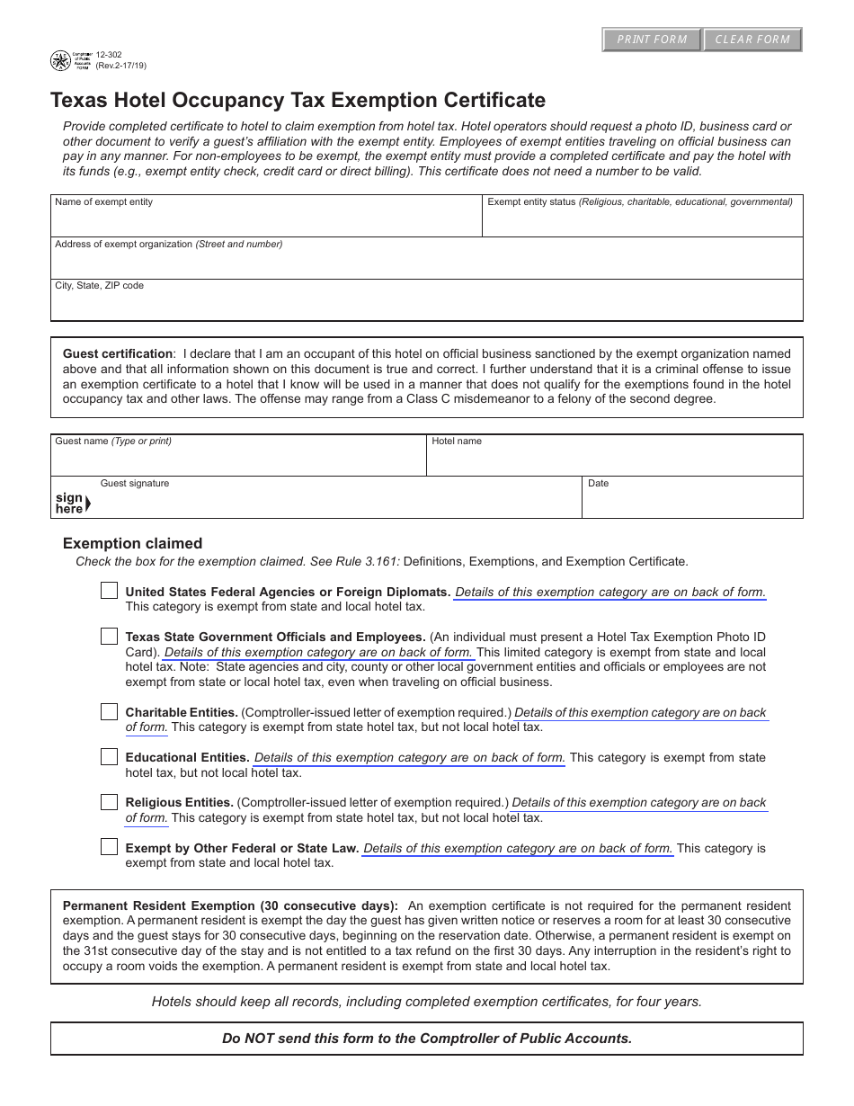 Form 12-302 Hotel Occupancy Tax Exemption Certificate - Texas, Page 1
