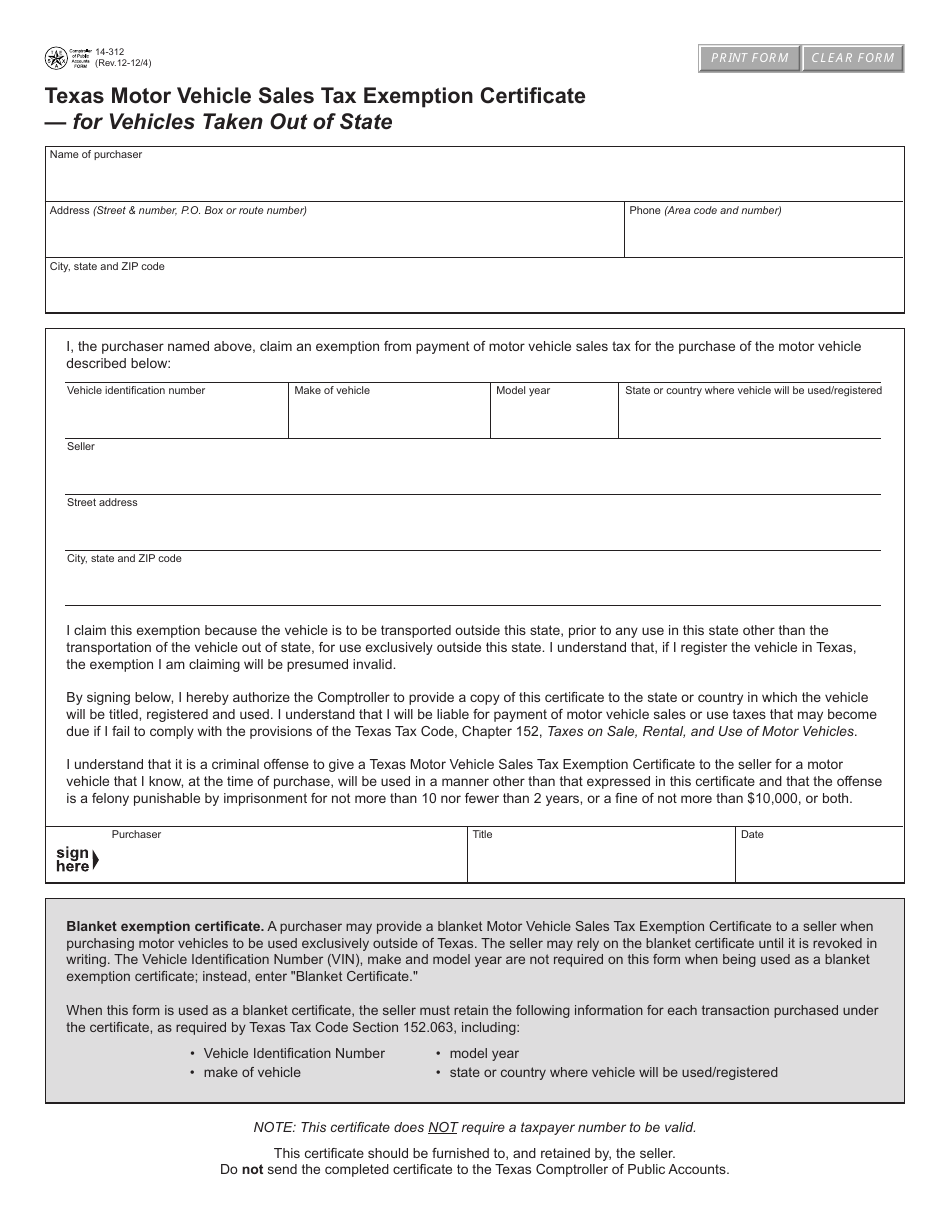 Printable Texas Sales Tax Exempt Form